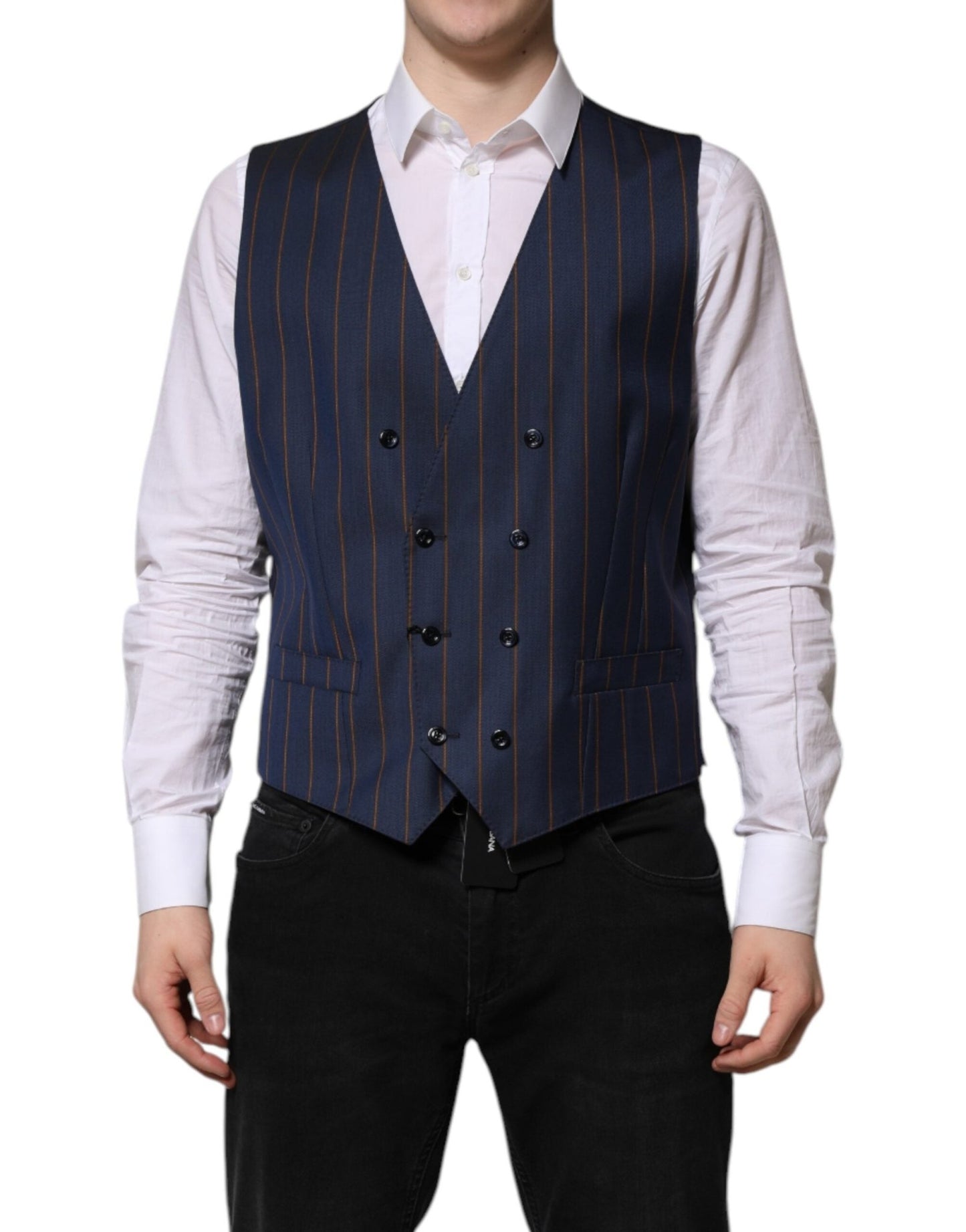 Dolce & Gabbana Blue Stripes Wool Formal Men Waistcoat Vest – IT52 | XL par Dolce & Gabbana | Disponible sur Sandy Store ByNet