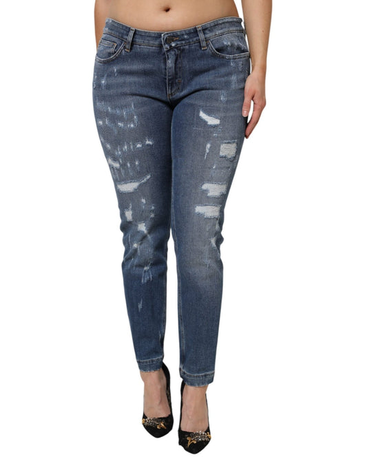 Dolce & Gabbana Blue Tattered Cotton Low Waist Denim Jeans – IT46|XL par Dolce & Gabbana | Disponible sur Sandy Store ByNet