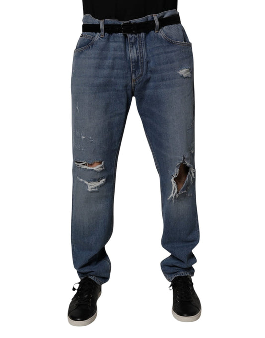 Dolce & Gabbana Blue Tattered Cotton Straight Denim Jeans – IT56 | XXL par Dolce & Gabbana | Disponible sur Sandy Store ByNet