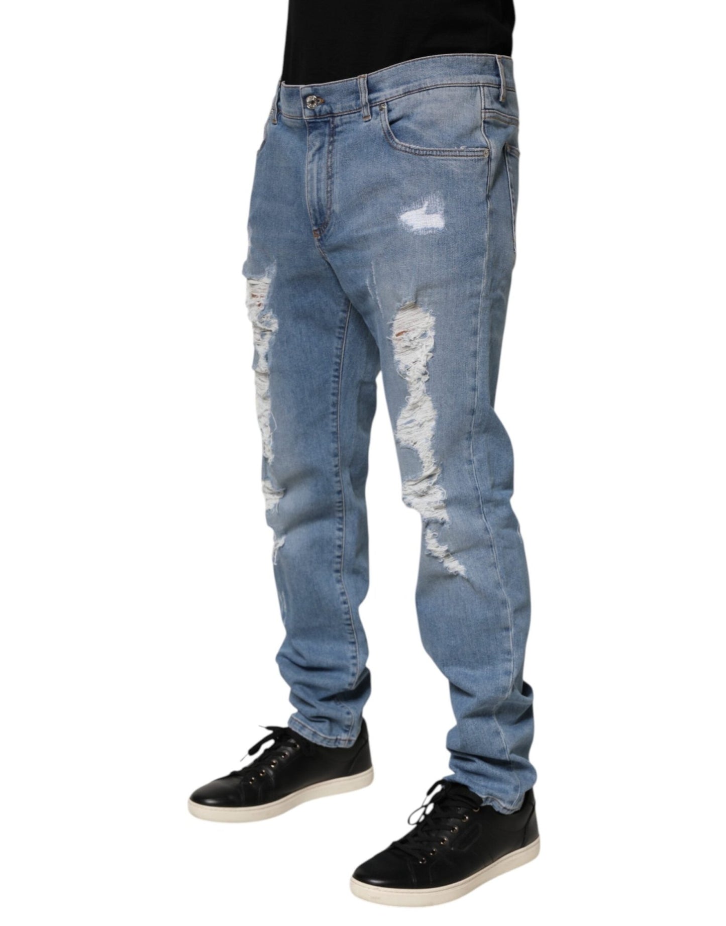 Dolce & Gabbana Blue Tattered Slim Fit Cotton Denim Jeans – IT54 | XL par Dolce & Gabbana | Disponible sur Sandy Store ByNet