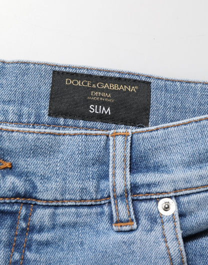 Dolce & Gabbana Blue Tattered Slim Fit Cotton Denim Jeans – IT54 | XL par Dolce & Gabbana | Disponible sur Sandy Store ByNet