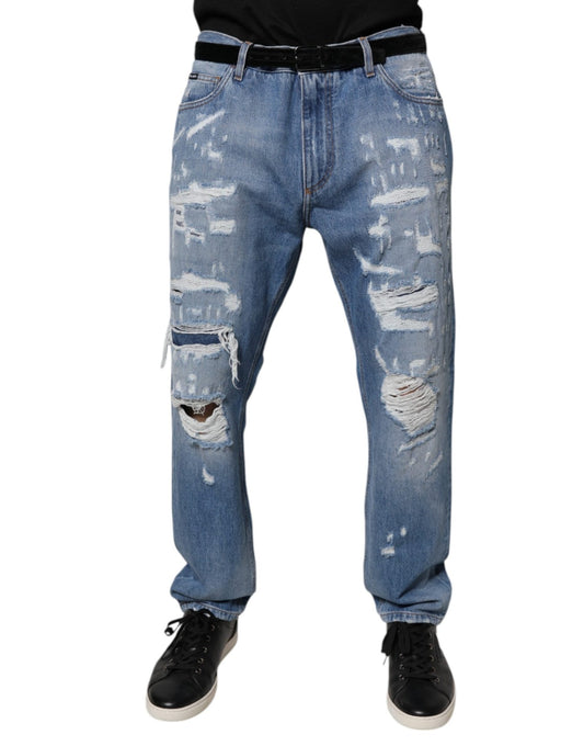 Dolce & Gabbana Blue Tattered Straight Cotton Denim Jeans – IT52 | XL par Dolce & Gabbana | Disponible sur Sandy Store ByNet