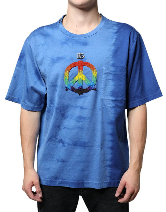 Dolce & Gabbana Blue Tie - Dye Peace Sign Cotton T-shirt – IT52 | XL par Dolce & Gabbana | Disponible sur Sandy Store ByNet