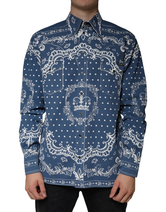 Dolce & Gabbana Blue White Bandana Print Cotton Casual Shirt - Sandy Store ByNet