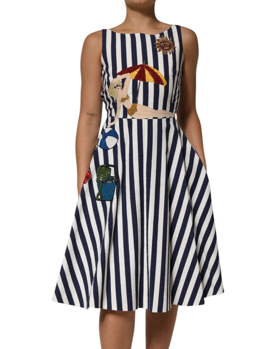 Dolce & Gabbana Blue White Striped Embroidered A - line Dress – IT38|XS par Dolce & Gabbana | Disponible sur Sandy Store ByNet