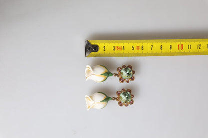 Dolce & Gabbana Brass White Flower Bloom Crystal Clip Dangling Earrings - Sandy Store ByNet