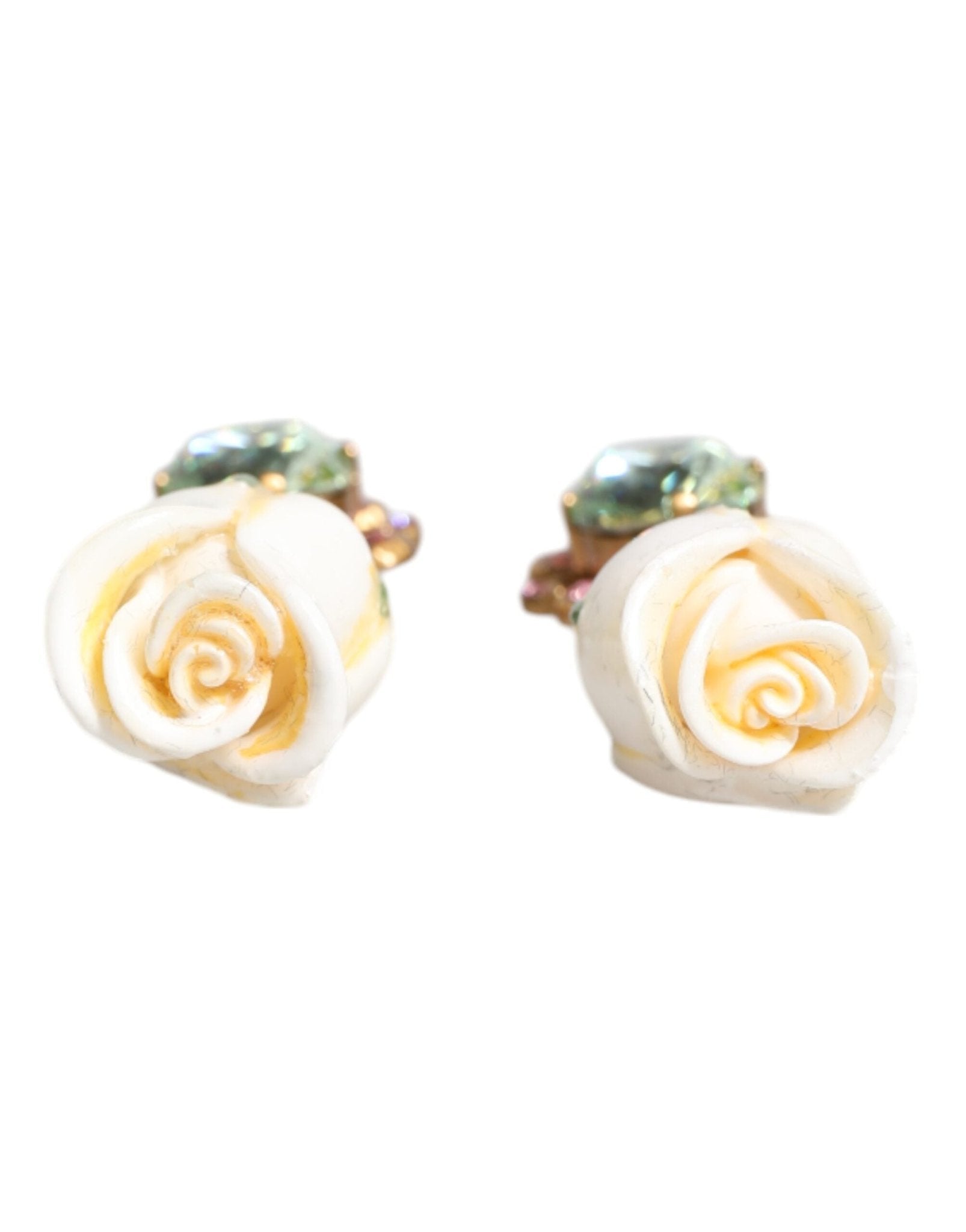 Dolce & Gabbana Brass White Flower Bloom Crystal Clip Dangling Earrings - Sandy Store ByNet