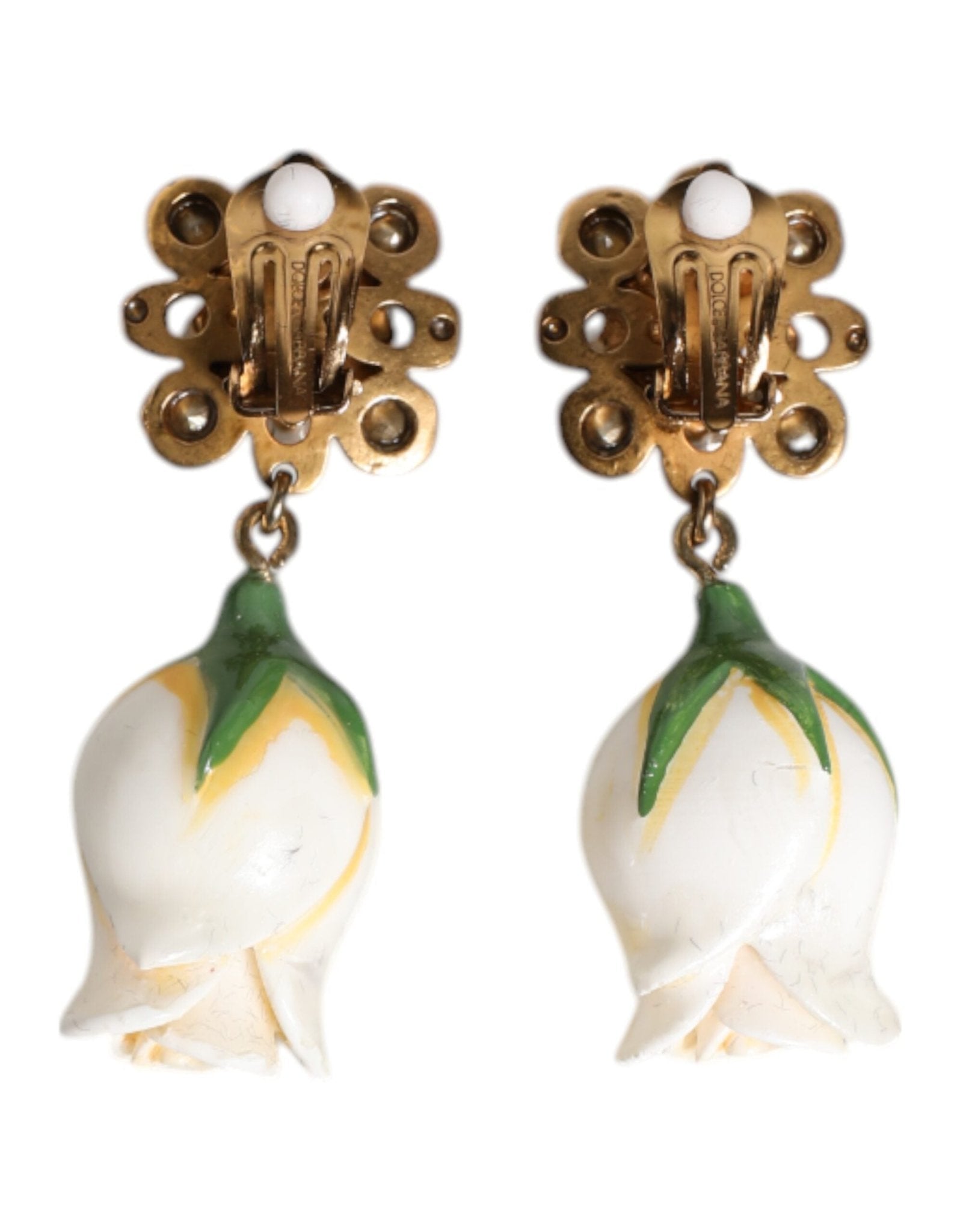 Dolce & Gabbana Brass White Flower Bloom Crystal Clip Dangling Earrings - Sandy Store ByNet