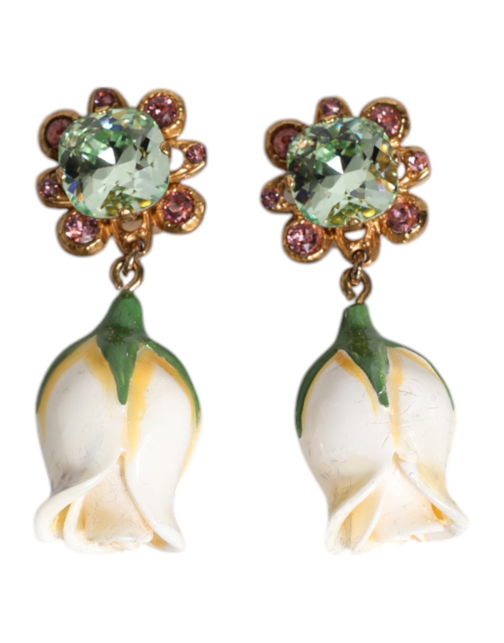 Dolce & Gabbana Brass White Flower Bloom Crystal Clip Dangling Earrings - Sandy Store ByNet