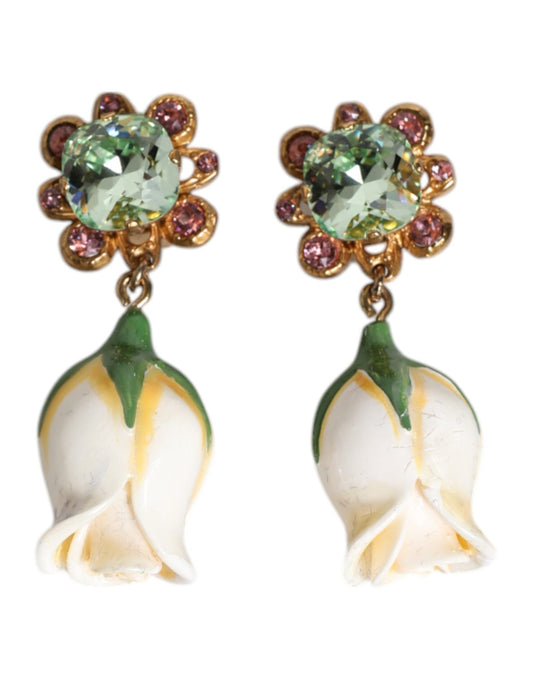 Dolce & Gabbana Brass White Flower Bloom Crystal Clip Dangling Earrings - Sandy Store ByNet