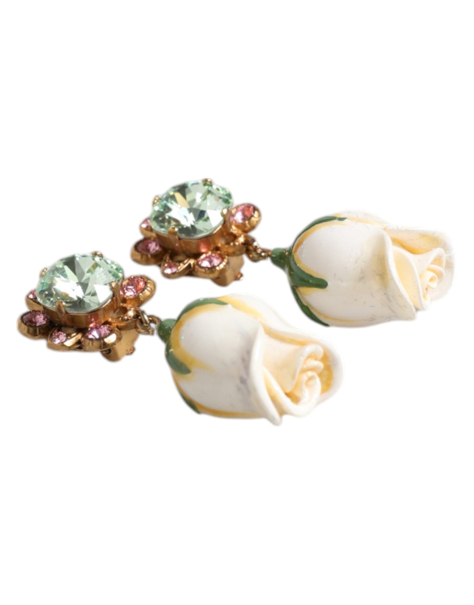 Dolce & Gabbana Brass White Flower Bloom Crystal Clip Dangling Earrings - Sandy Store ByNet