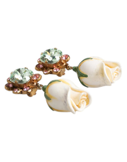 Dolce & Gabbana Brass White Flower Bloom Crystal Clip Dangling Earrings - Sandy Store ByNet