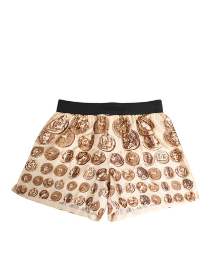 Dolce & Gabbana Brown Ancient Coin Print Silk Shorts Swimwear – IT5 | M par Dolce & Gabbana | Disponible sur Sandy Store ByNet