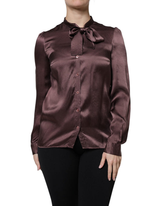 Dolce & Gabbana Brown Ascot Collar Long Sleeve Blouse Top - Sandy Store ByNet