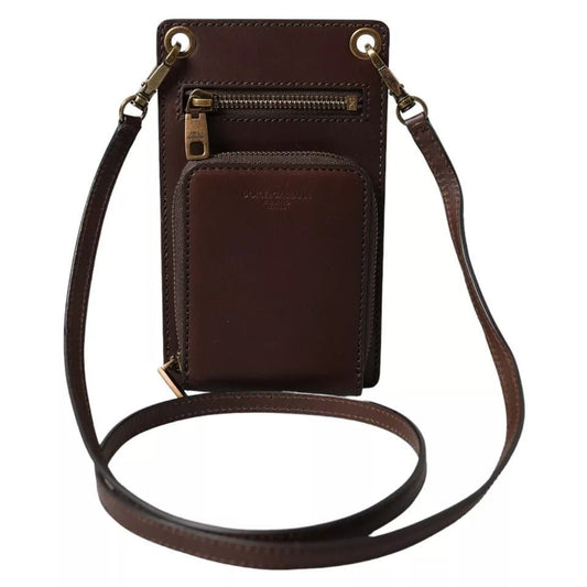 Dolce & Gabbana Brown Calf Leather Zip Logo Shoulder Neck Strap Wallet - Sandy Store ByNet