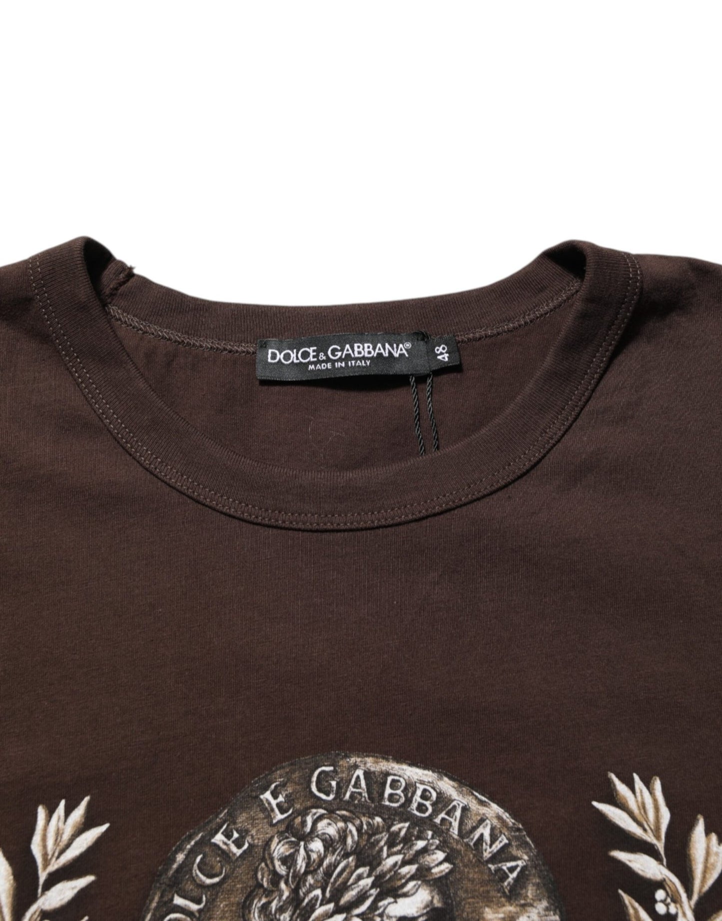 Dolce & Gabbana Brown Coin Laurel Print Men Crew Neck T-shirt – IT44 | XS par Dolce & Gabbana | Disponible sur Sandy Store ByNet