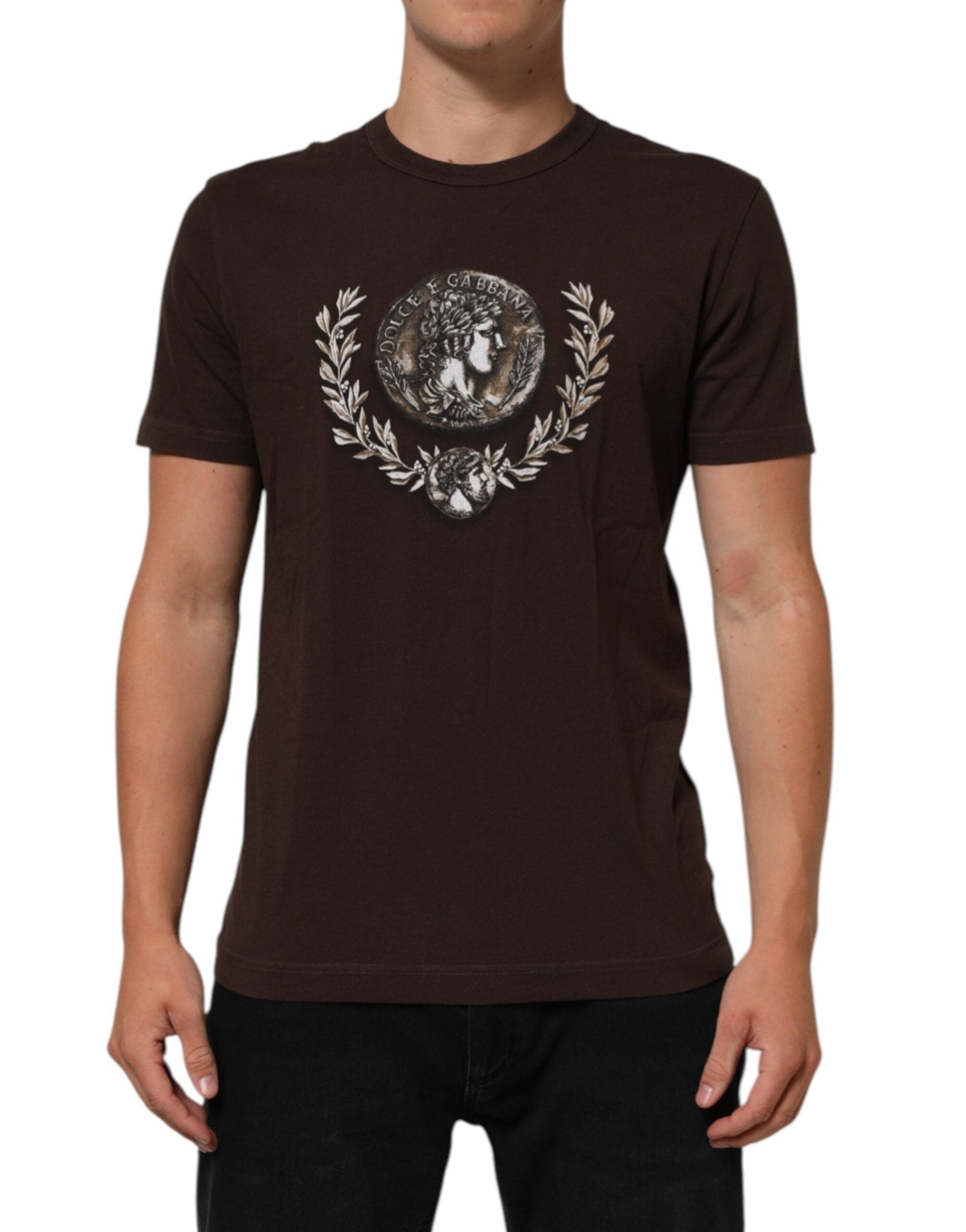 Dolce & Gabbana Brown Coin Laurel Print Men Crew Neck T-shirt – IT44 | XS par Dolce & Gabbana | Disponible sur Sandy Store ByNet