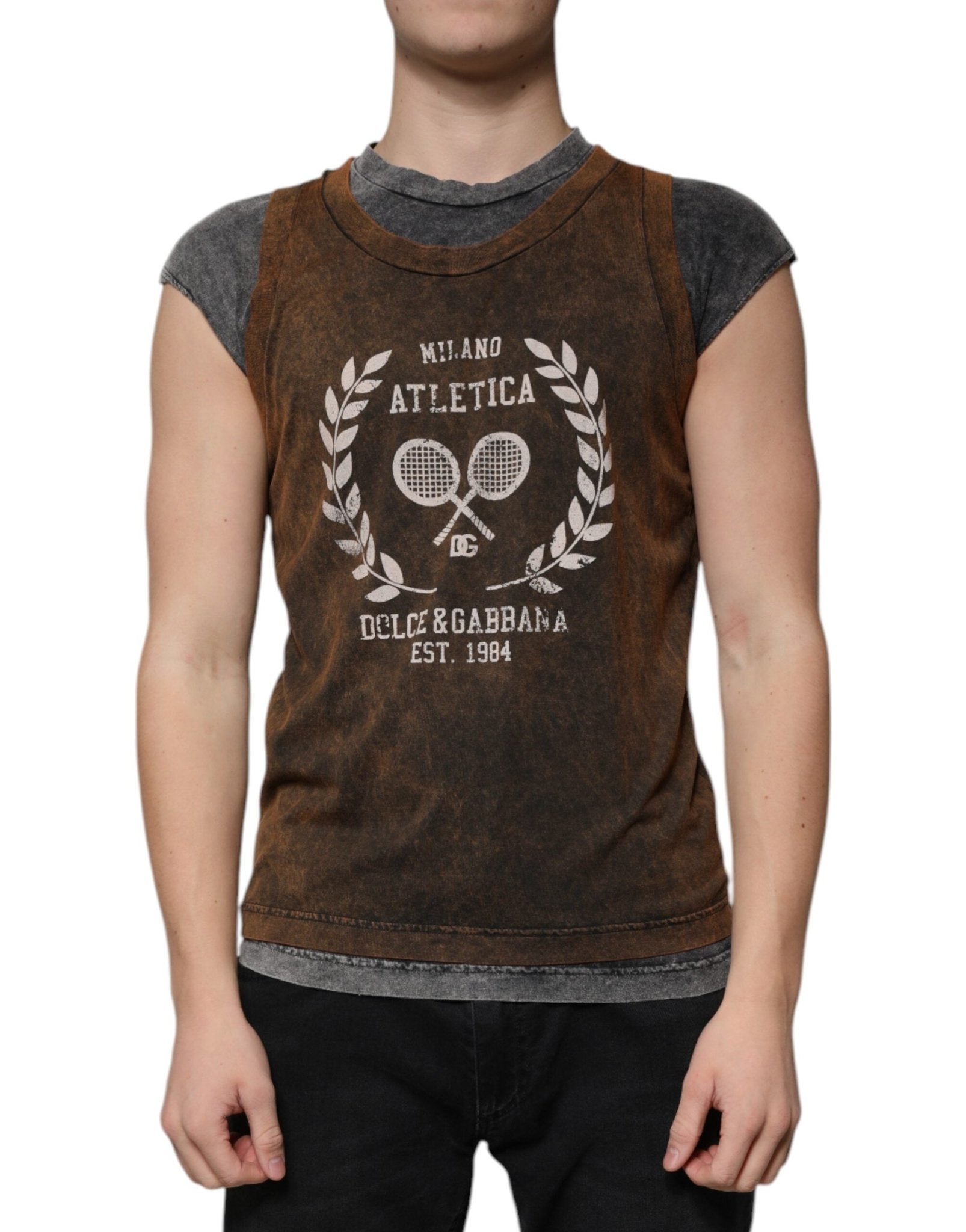 Dolce & Gabbana Brown Cotton Crew Neck Sleeveless T-shirt – IT52 | XL par Dolce & Gabbana | Disponible sur Sandy Store ByNet