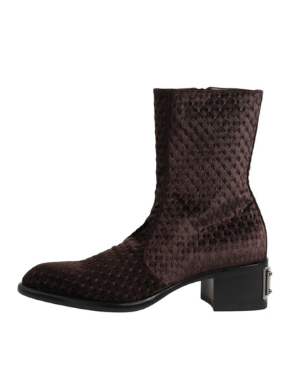 Dolce & Gabbana Brown Cotton Velvet Mid Calf Short Boots Shoes – EU44/US11 par Dolce & Gabbana | Disponible sur Sandy Store ByNet
