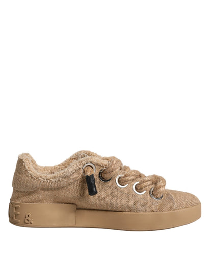 Dolce & Gabbana Brown Jute Fabric Low Top Men Sneakers Shoes – EU 39 | US 6 par Dolce & Gabbana | Disponible sur Sandy Store ByNet