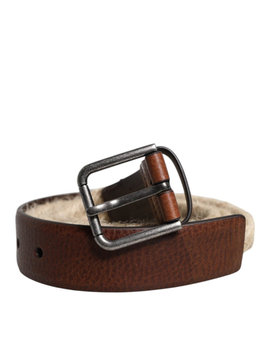 Dolce & Gabbana Brown Jute Leather Woven Metal Buckle Belt - Sandy Store ByNet