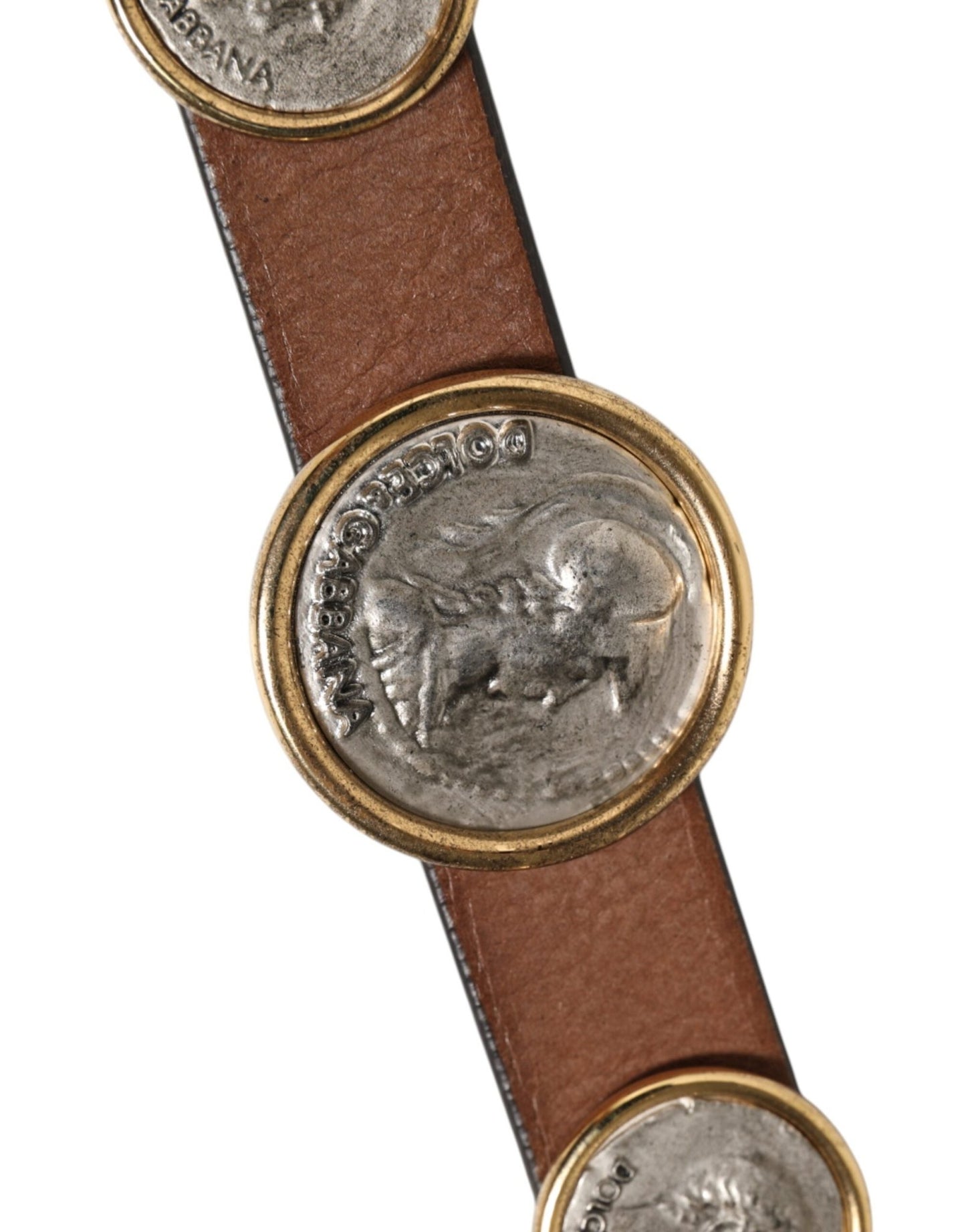 Dolce & Gabbana Brown Leather Gold Silver Coin Buckle Belt – 90 cm / 36 Inches par Dolce & Gabbana | Disponible sur Sandy Store ByNet