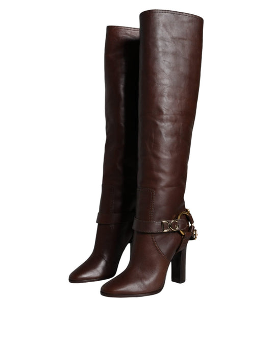 Dolce & Gabbana Brown Leather Gold Tone Logo High Boots Shoes - Sandy Store ByNet