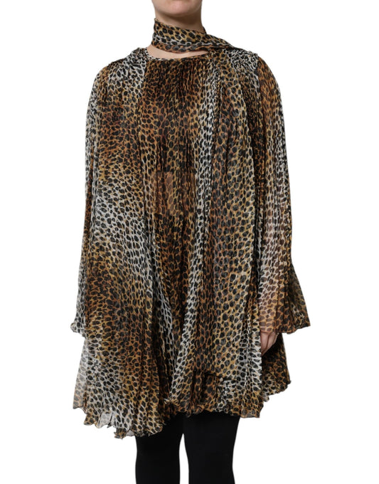 Dolce & Gabbana Brown Leopard Print Scarf Collared Chiffon Dress – IT38 | XS par Dolce & Gabbana | Disponible sur Sandy Store ByNet