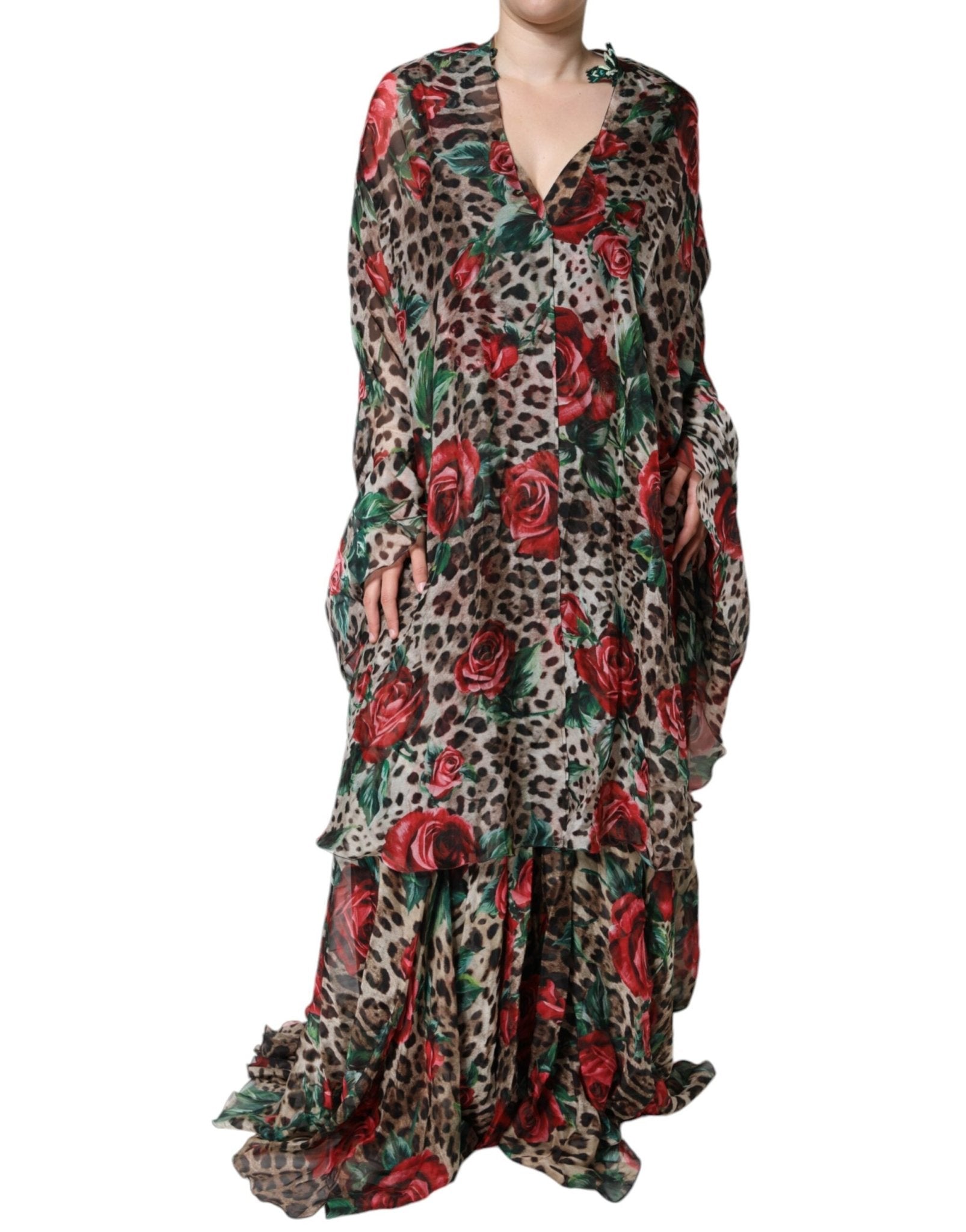Dolce & Gabbana Brown Leopard Red Roses Silk Long Gown Dress - Sandy Store ByNet
