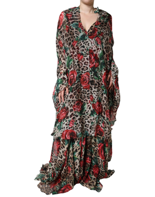 Dolce & Gabbana Brown Leopard Red Roses Silk Long Gown Dress - Sandy Store ByNet