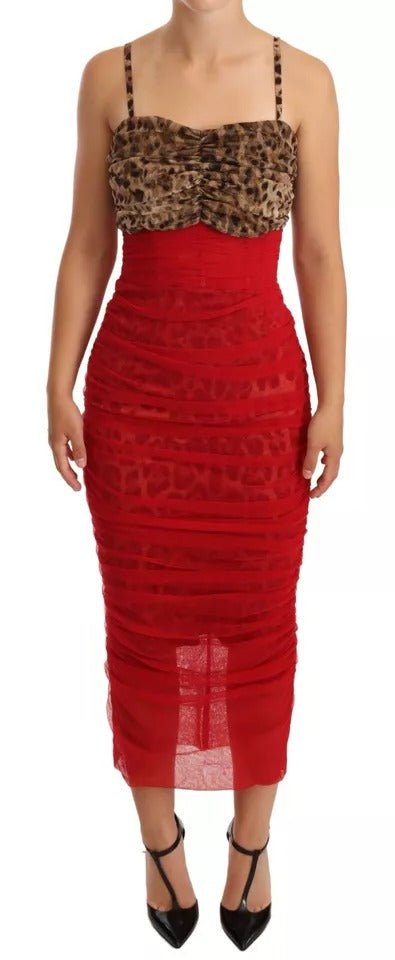 Dolce & Gabbana Brown Leopard Red Tulle Sheath Midi Dress - Sandy Store ByNet