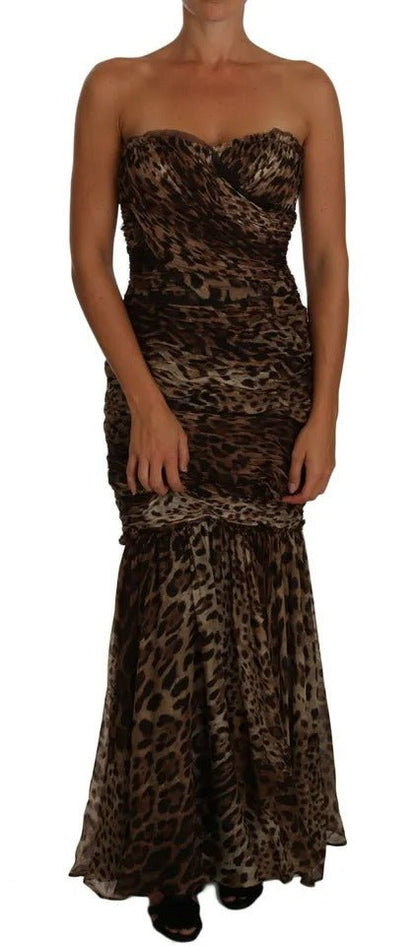 Dolce & Gabbana Brown Leopard Silk Chiffon Ruched Mermaid Maxi Dress - Sandy Store ByNet