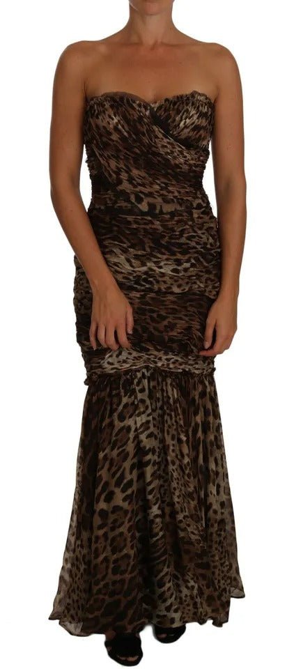 Dolce & Gabbana Brown Leopard Silk Chiffon Ruched Mermaid Maxi Dress - Sandy Store ByNet