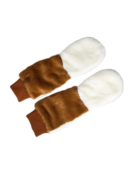 Dolce & Gabbana Brown White Acrylic Knitted Fur Mitten Gloves - Sandy Store ByNet