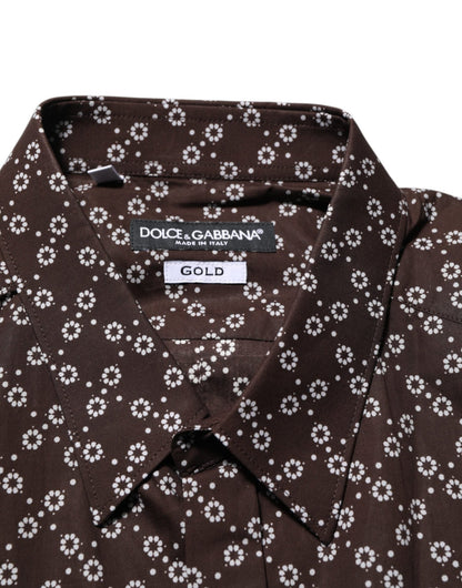 Dolce & Gabbana BrownFloral Collared GOLD Formal Dress Shirt – IT42 | XL par Dolce & Gabbana | Disponible sur Sandy Store ByNet