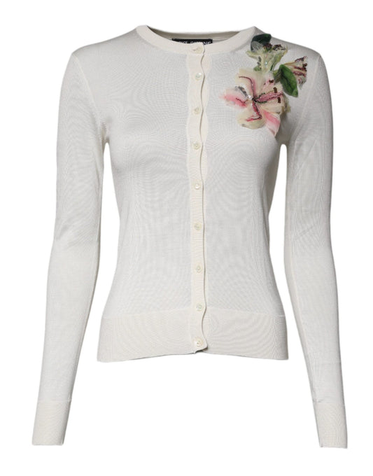 Dolce & Gabbana Cream Floral Silk Embellished Cardigan Sweater - Sandy Store ByNet