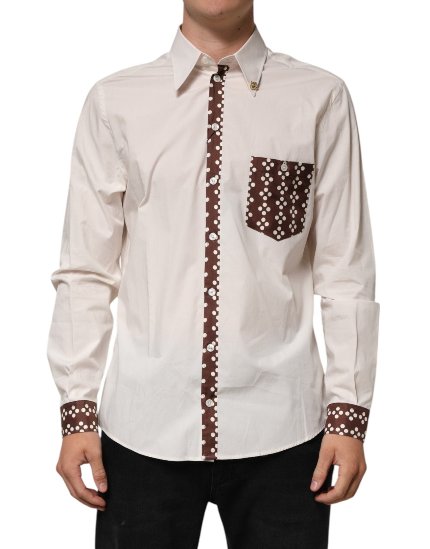 Dolce & Gabbana Cream White Cotton Polka Dot Slim Fit Shirt – IT40 | M par Dolce & Gabbana | Disponible sur Sandy Store ByNet