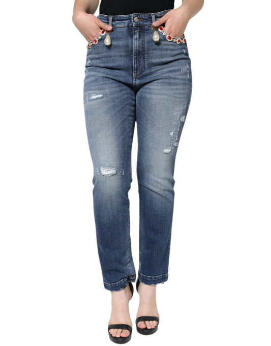 Dolce & Gabbana Dark Blue Cotton Tattered Skinny Denim Jeans – IT44 | L par Dolce & Gabbana | Disponible sur Sandy Store ByNet