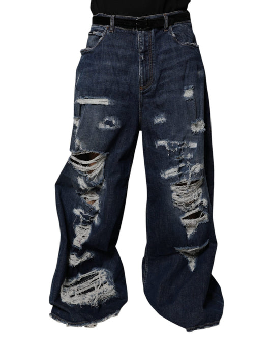 Dolce & Gabbana Dark Blue Tattered Wide Leg Men Denim Jeans – IT50 | L par Dolce & Gabbana | Disponible sur Sandy Store ByNet