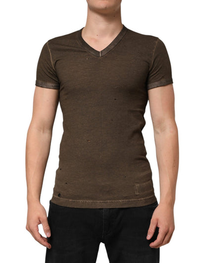 Dolce & Gabbana Dark Brown Cotton Tattered Logo Men T-shirt – IT44 | XS par Dolce & Gabbana | Disponible sur Sandy Store ByNet