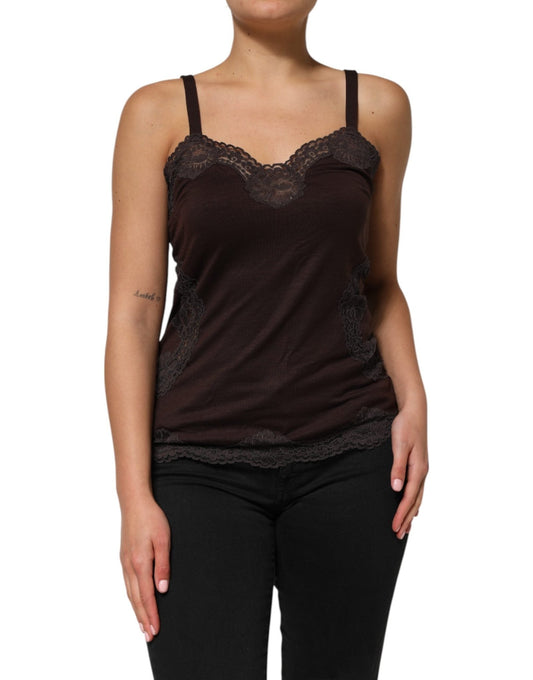 Dolce & Gabbana Dark Brown Lace Trim Wool Sleeveless Tank Top – IT3 | M par Dolce & Gabbana | Disponible sur Sandy Store ByNet
