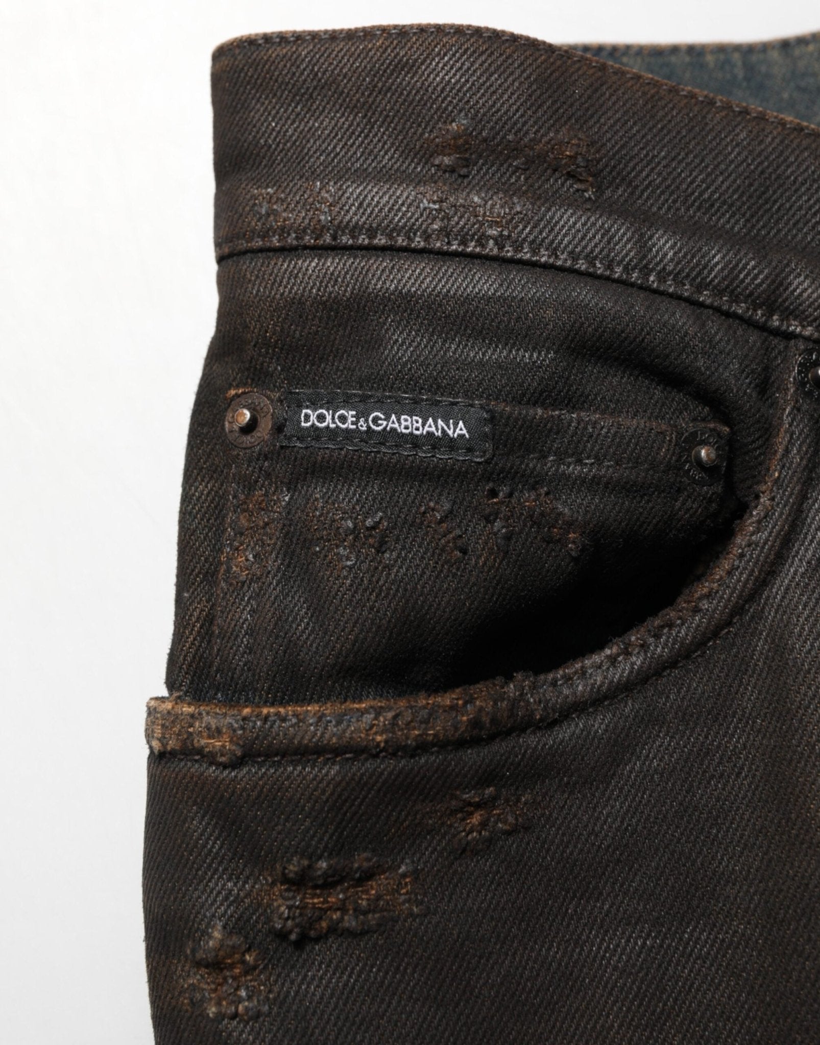 Dolce & Gabbana Dark Brown Tattered Cotton Skinny Denim Jeans – IT48 | M par Dolce & Gabbana | Disponible sur Sandy Store ByNet
