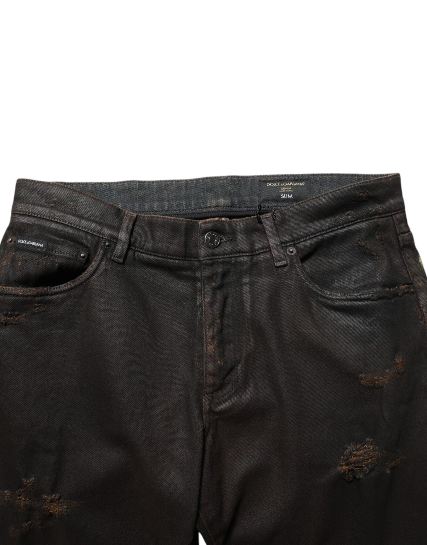 Dolce & Gabbana Dark Brown Tattered Cotton Skinny Denim Jeans – IT48 | M par Dolce & Gabbana | Disponible sur Sandy Store ByNet