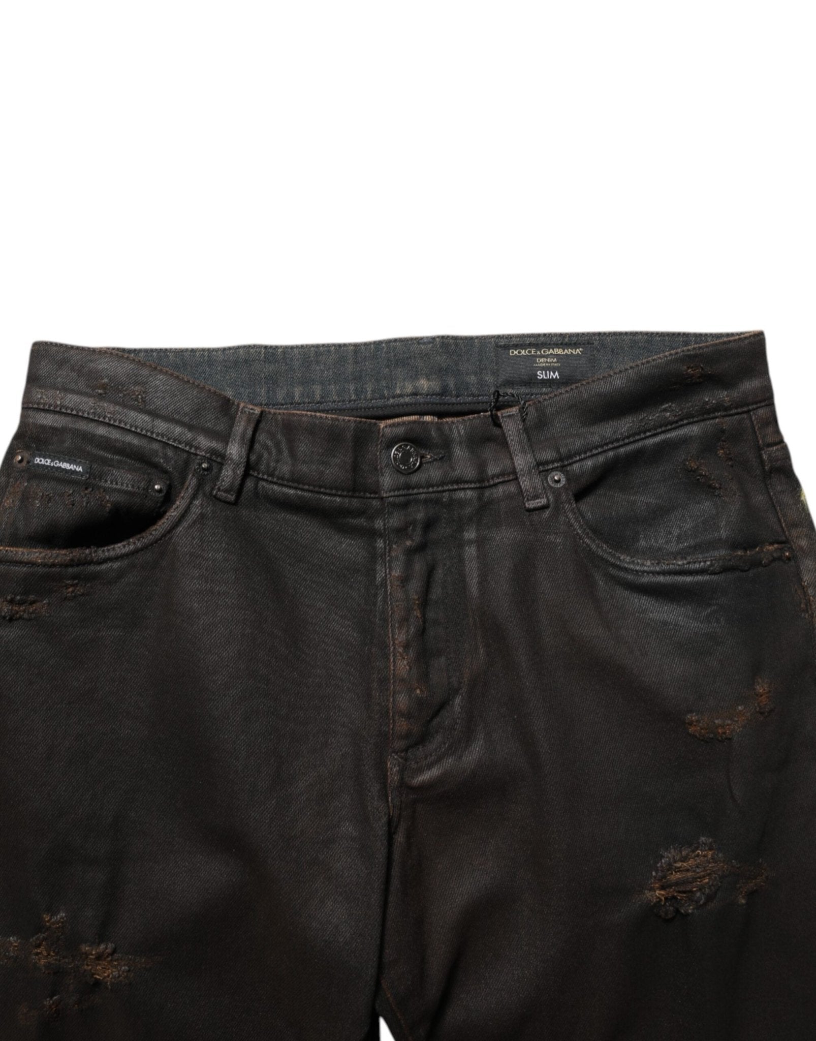 Dolce & Gabbana Dark Brown Tattered Cotton Skinny Denim Jeans – IT48 | M par Dolce & Gabbana | Disponible sur Sandy Store ByNet