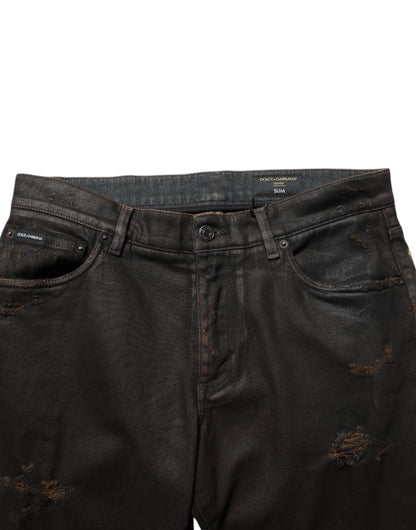 Dolce & Gabbana Dark Brown Tattered Cotton Skinny Denim Jeans – IT48 | M par Dolce & Gabbana | Disponible sur Sandy Store ByNet