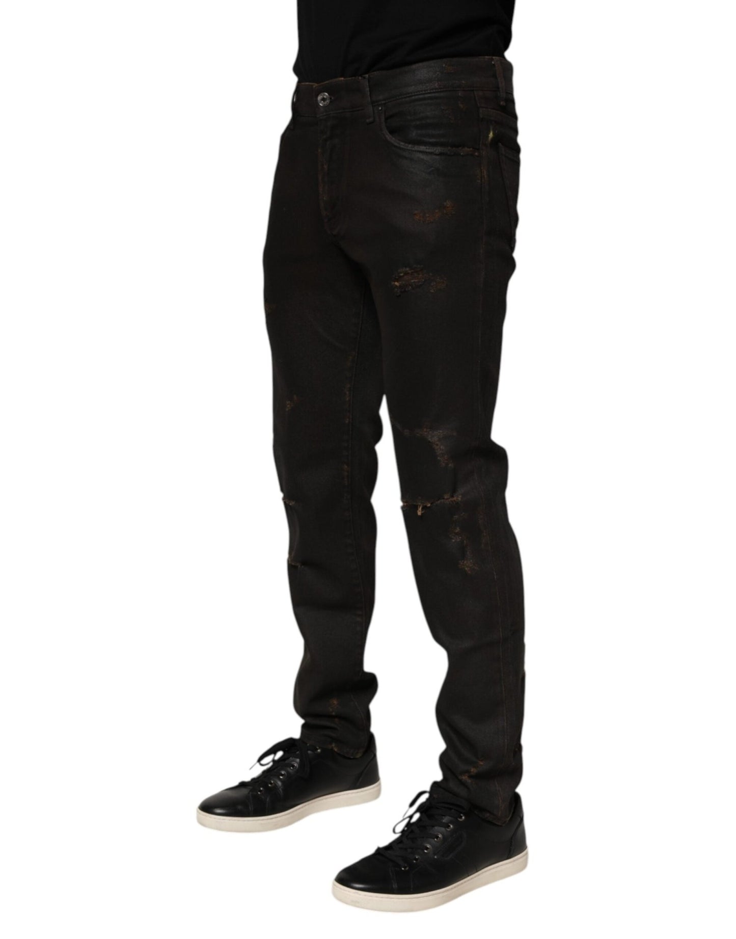 Dolce & Gabbana Dark Brown Tattered Cotton Skinny Denim Jeans – IT48 | M par Dolce & Gabbana | Disponible sur Sandy Store ByNet