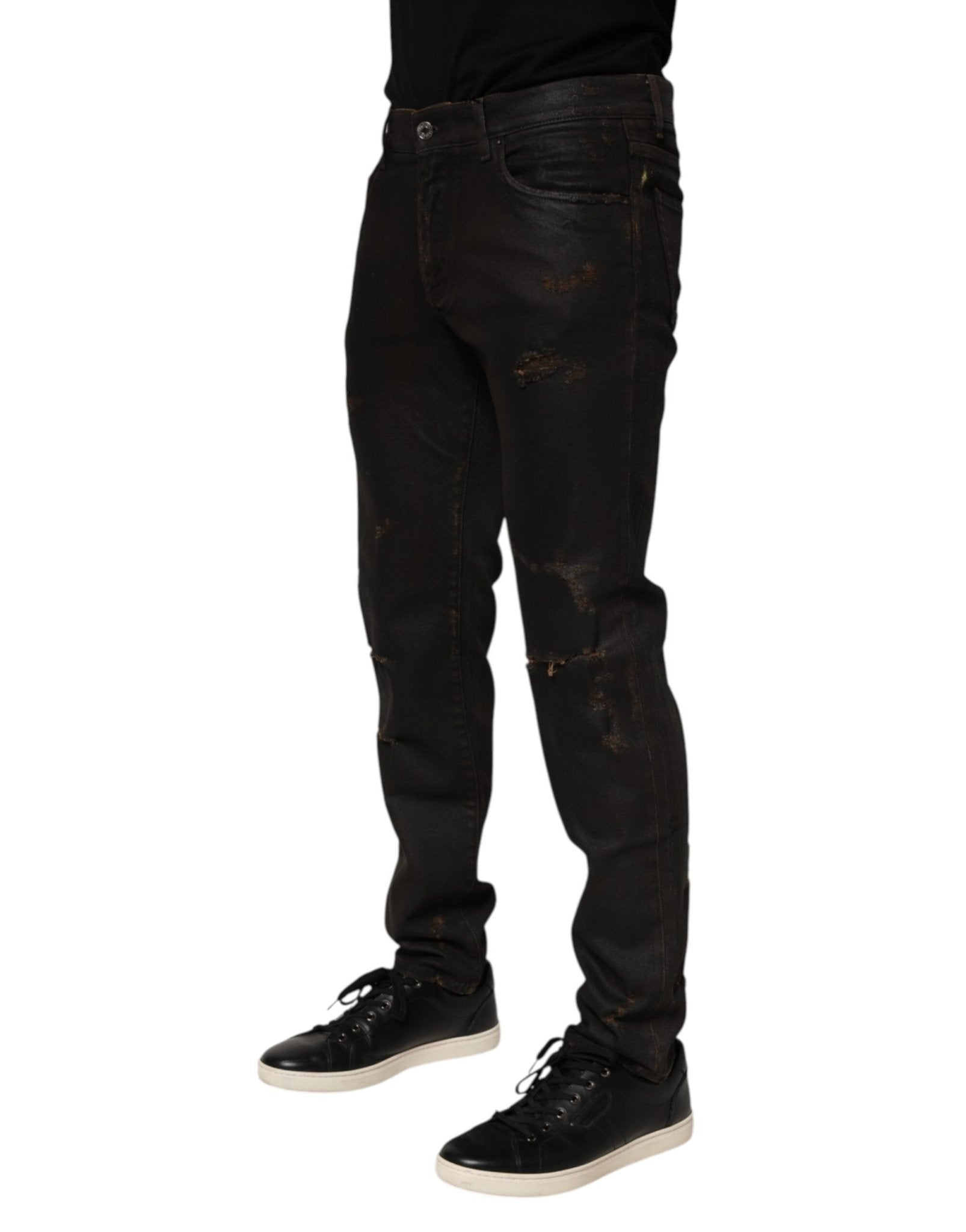 Dolce & Gabbana Dark Brown Tattered Cotton Skinny Denim Jeans – IT48 | M par Dolce & Gabbana | Disponible sur Sandy Store ByNet