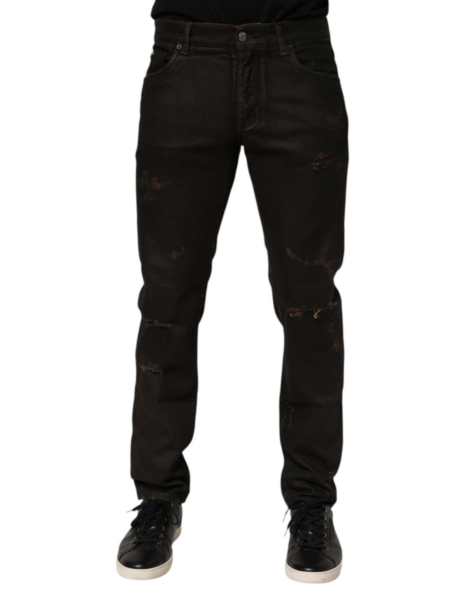 Dolce & Gabbana Dark Brown Tattered Cotton Skinny Denim Jeans – IT48 | M par Dolce & Gabbana | Disponible sur Sandy Store ByNet