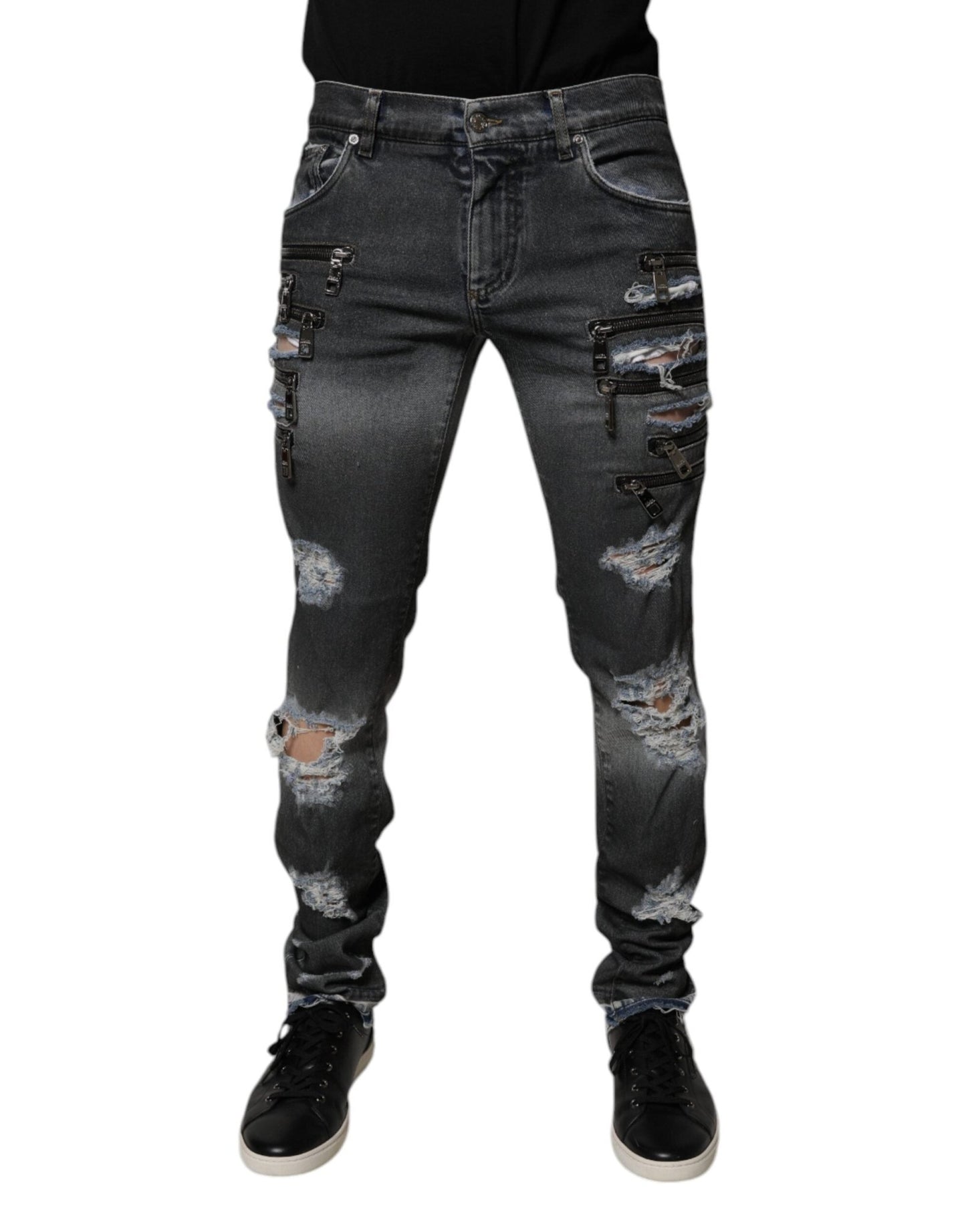 Dolce & Gabbana Dark Gray Tattered Cotton Skinny Denim Jeans – IT48 | M par Dolce & Gabbana | Disponible sur Sandy Store ByNet