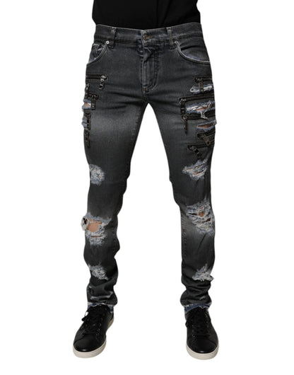 Dolce & Gabbana Dark Gray Tattered Cotton Skinny Denim Jeans – IT48 | M par Dolce & Gabbana | Disponible sur Sandy Store ByNet